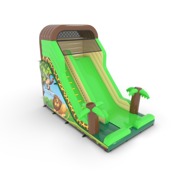 Inflatable slide with print of a jungle with side walls