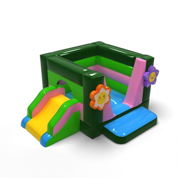 Small enclosed inflatable castle with slide - in the spring theme