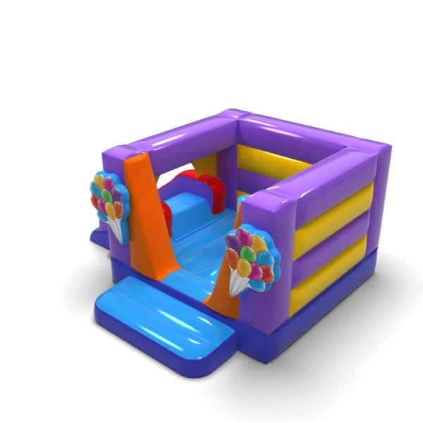 Small enclosed inflatable castle with slide - in the fairground theme