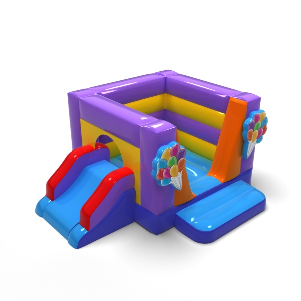 Small enclosed inflatable castle with slide - in the fairground theme