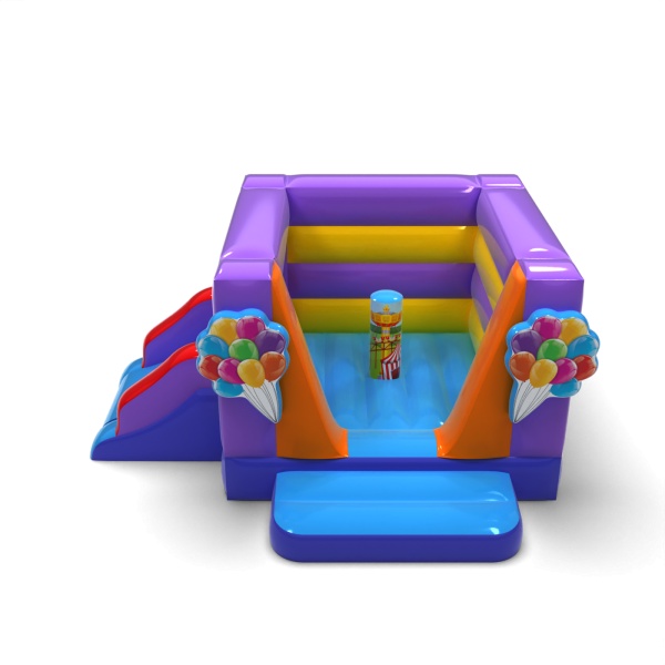 Small enclosed inflatable castle with slide - in the fairground theme