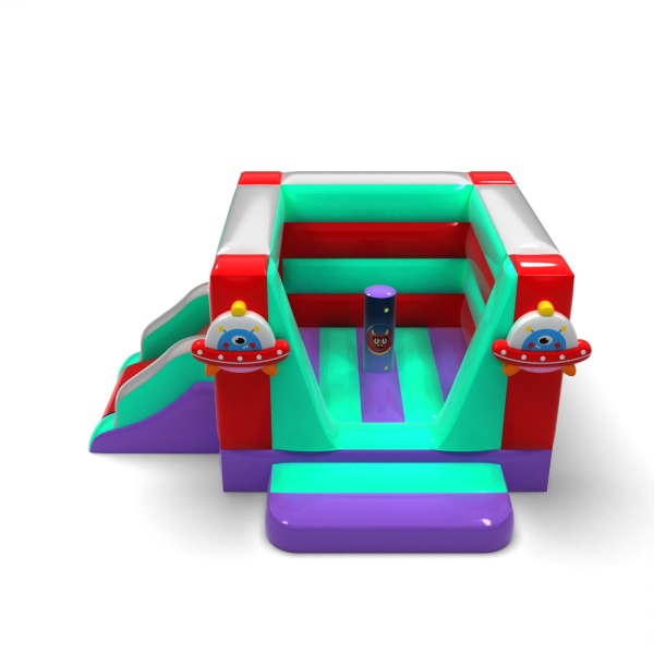 Small enclosed inflatable castle with slide - in the space theme
