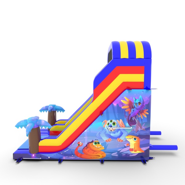 Inflatable slide with print in a magical land theme