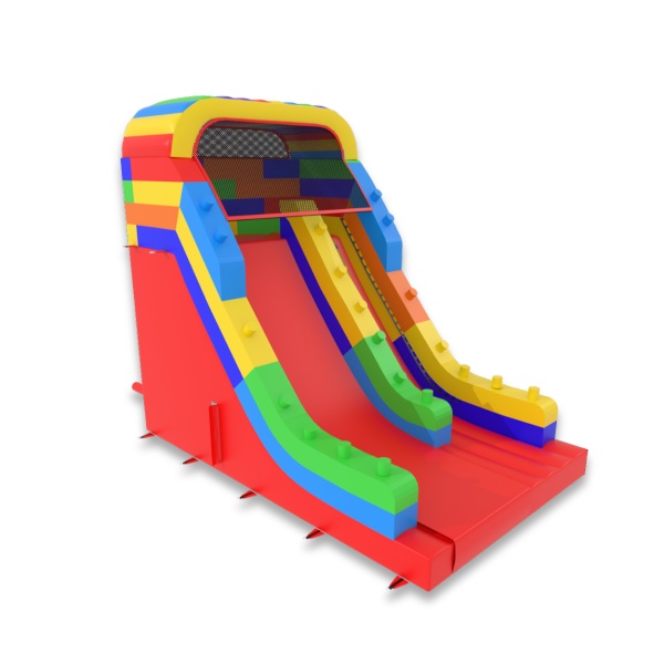 Inflatable slide with print in the colorful blocks theme