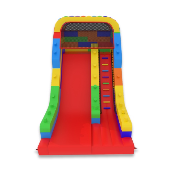 Inflatable slide with print in the colorful blocks theme