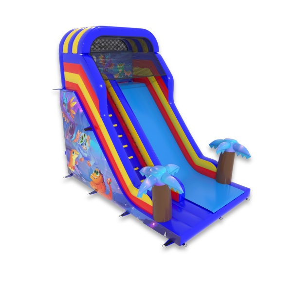 Larger inflatable slide with print in a magical land theme