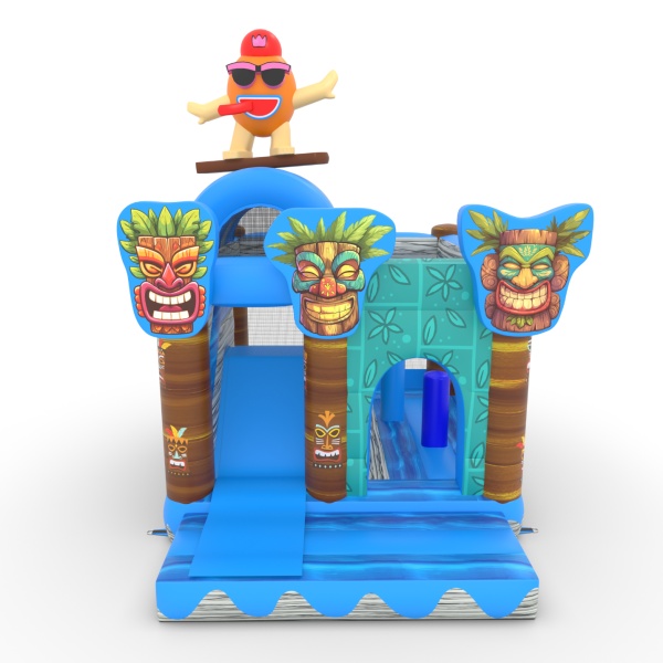 Inflatable with combo slide with print in the Hawaiian theme Tiki