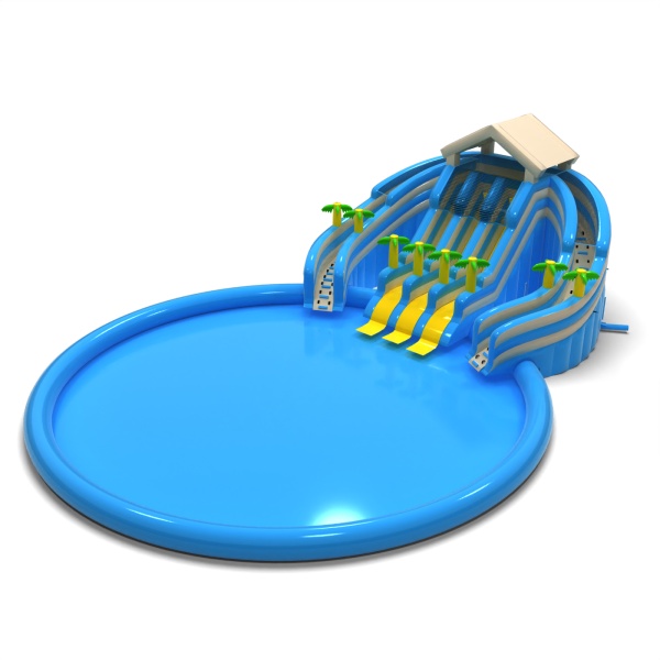 Ground-level inflatable water park in the Hawaiian theme