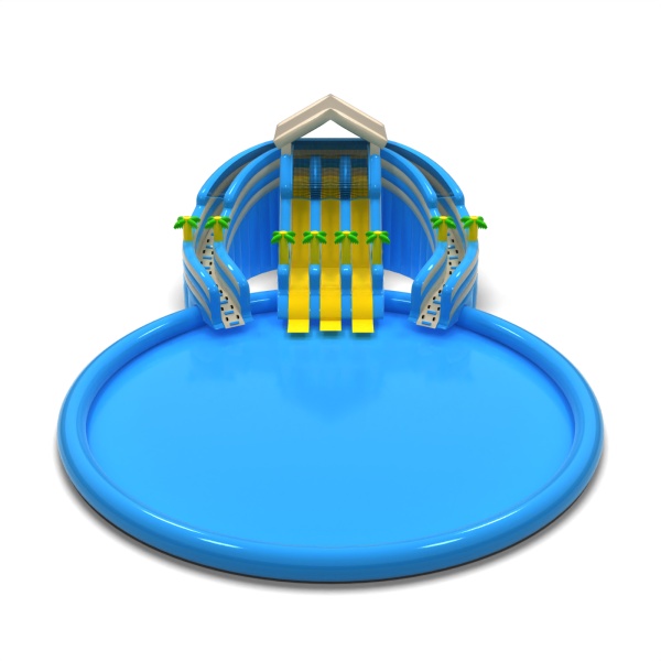 Ground-level inflatable water park in the Hawaiian theme