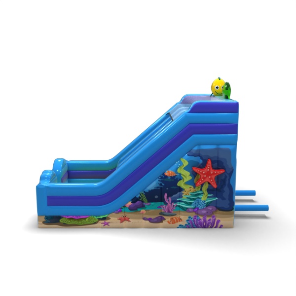 Double inflatable slide with print in a sea theme