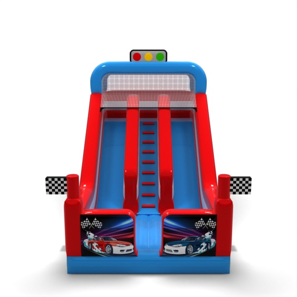 Double inflatable slide with print in a car theme