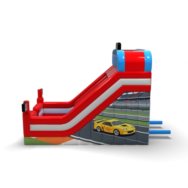 Double inflatable slide with print in a car theme