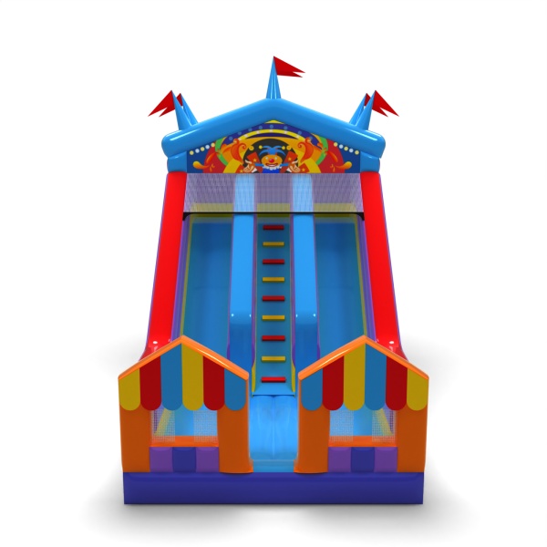 Double inflatable slide with print in the fairground theme