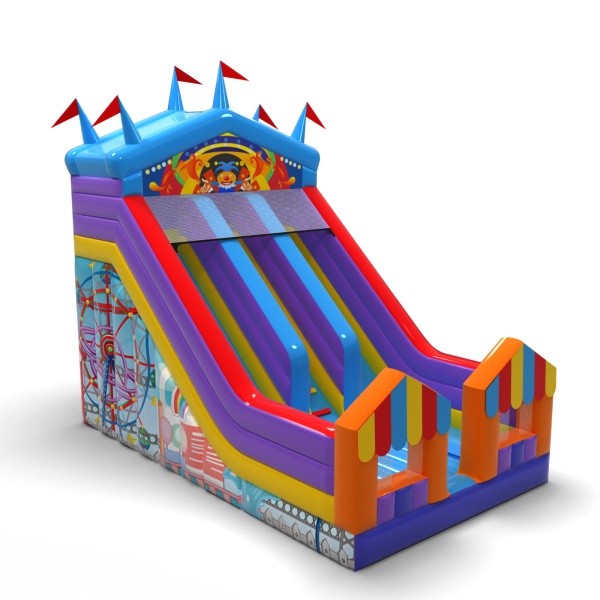Double inflatable slide with print in the fairground theme