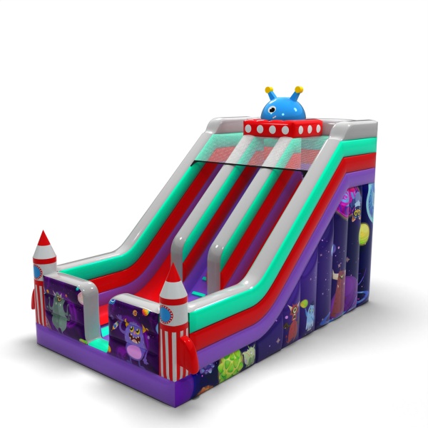 Double inflatable slide with print in the space theme