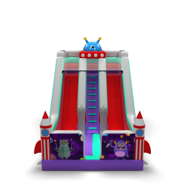 Double inflatable slide with print in the space theme