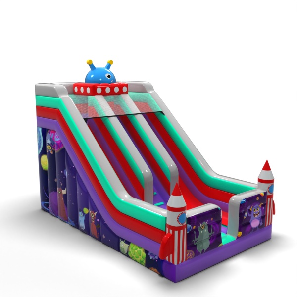Double inflatable slide with print in the space theme
