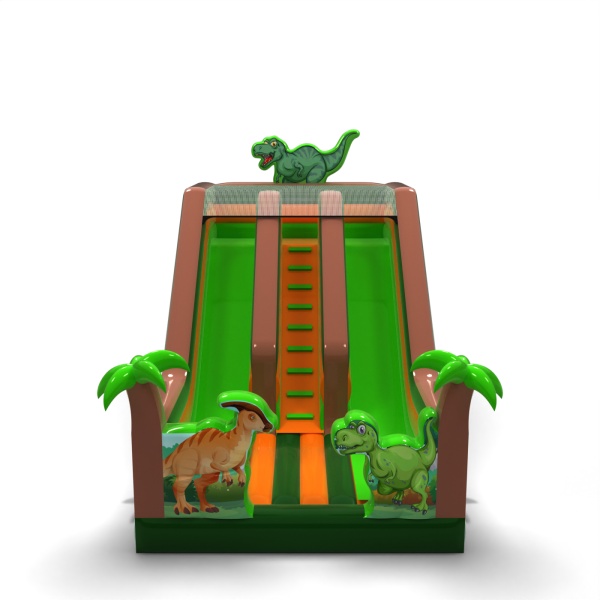 Double inflatable slide with print in a dinosaur theme