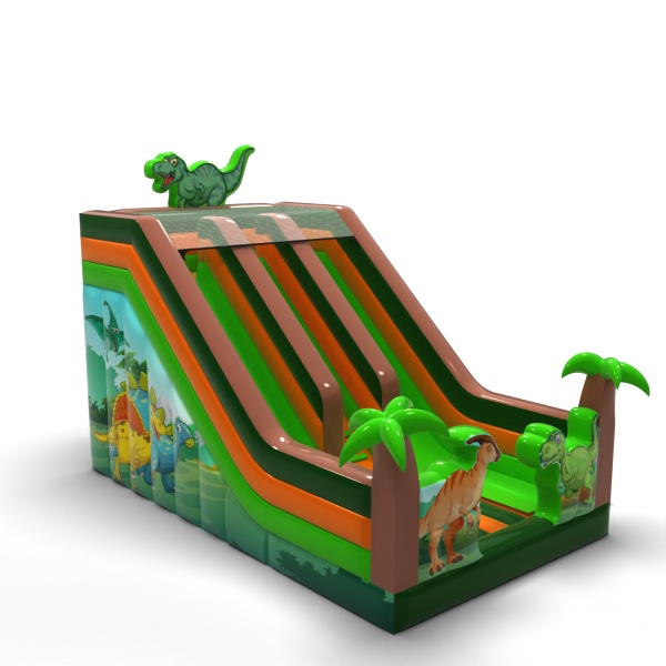 Double inflatable slide with print in a dinosaur theme