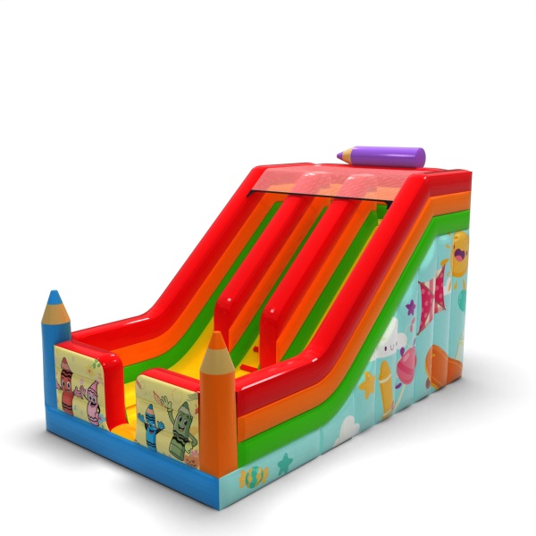 Double inflatable slide with print in a crayon theme
