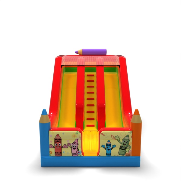 Double inflatable slide with print in a crayon theme