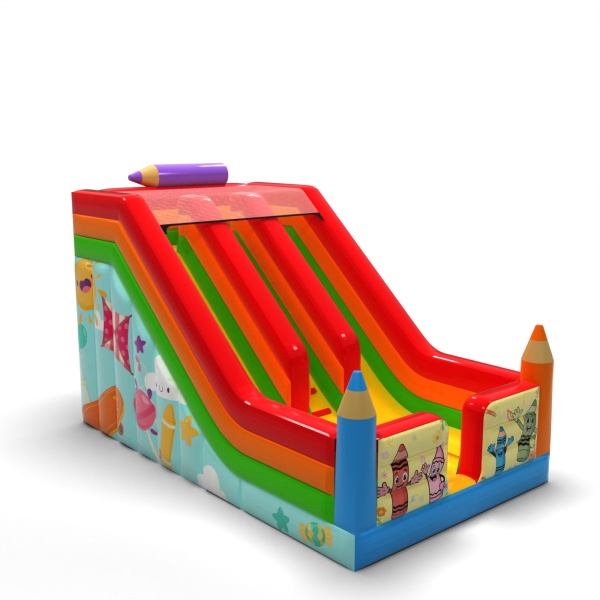 Double inflatable slide with print in a crayon theme