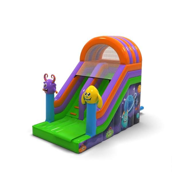 Inflatable slide with print in the monster theme