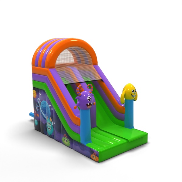 Inflatable slide with print in the monster theme
