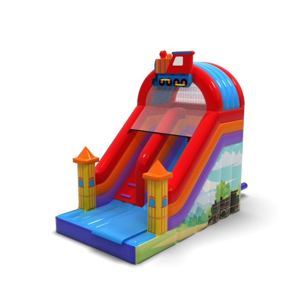 Inflatable slide in the theme trains