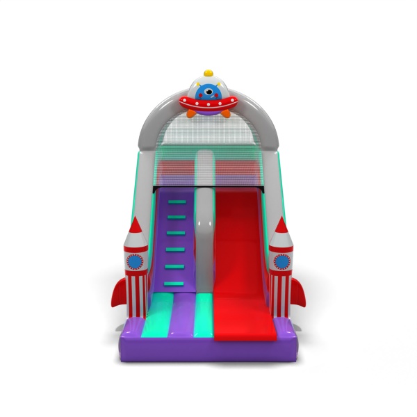 Inflatable slide with print in the space theme
