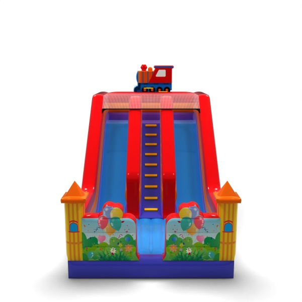 Double inflatable slide with a train-themed print