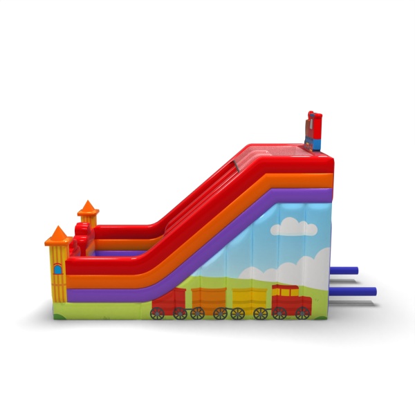 Double inflatable slide with a train-themed print