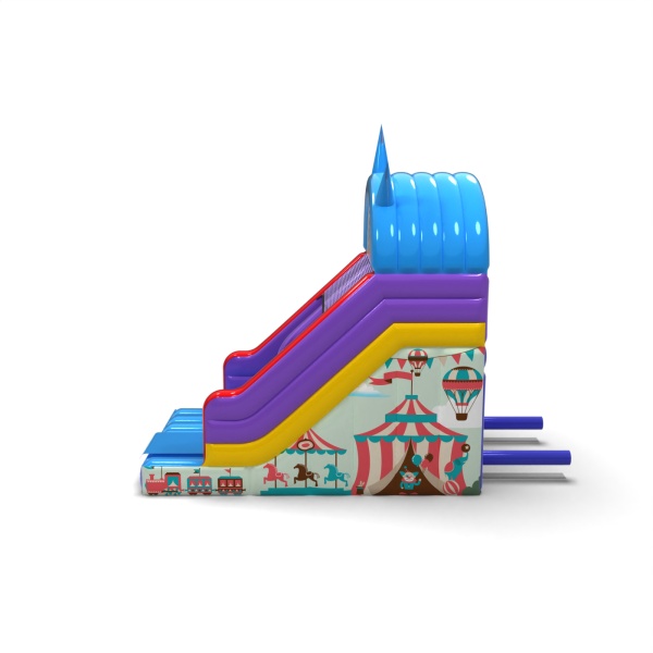 Inflatable slide with print in the fairground theme