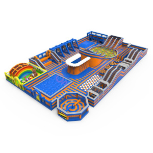 Inflatable amusement park in a blue and orange theme