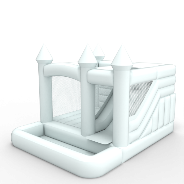 Bouncy castle with slide and pool in a white theme