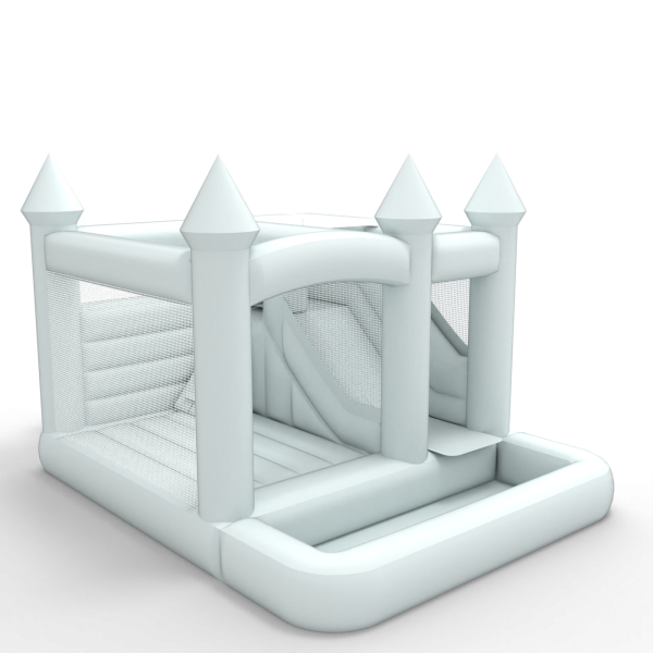 Bouncy castle with slide and pool in a white theme