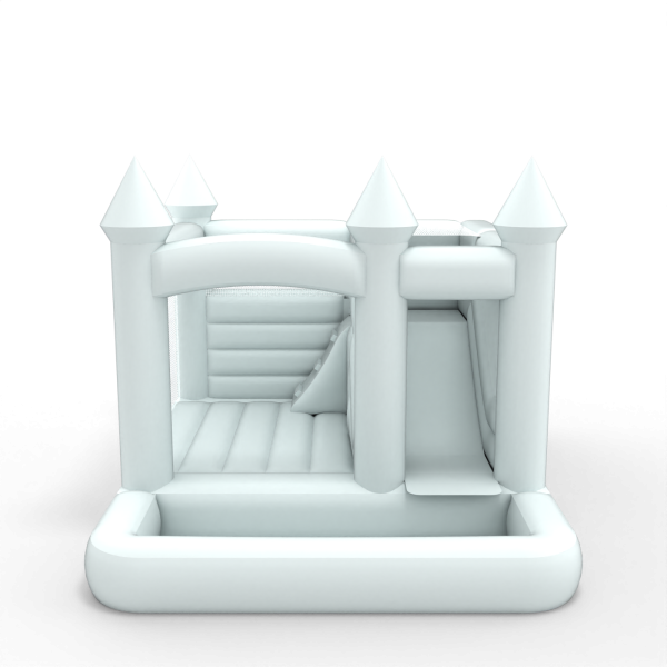 Bouncy castle with slide and pool in a white theme
