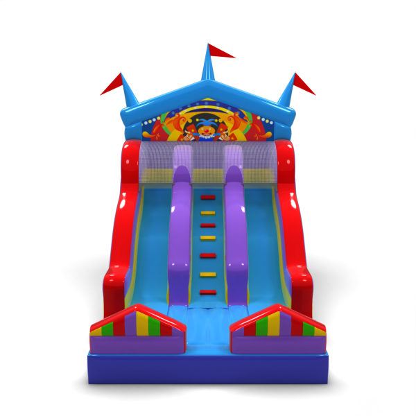 Double inflatable slide in a mini fairground theme