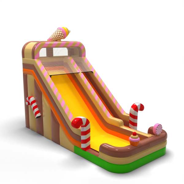 Enlarged inflatable slide in a candy theme