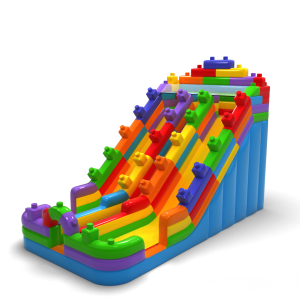 Double enlarged inflatable slide in colourful blocks motif