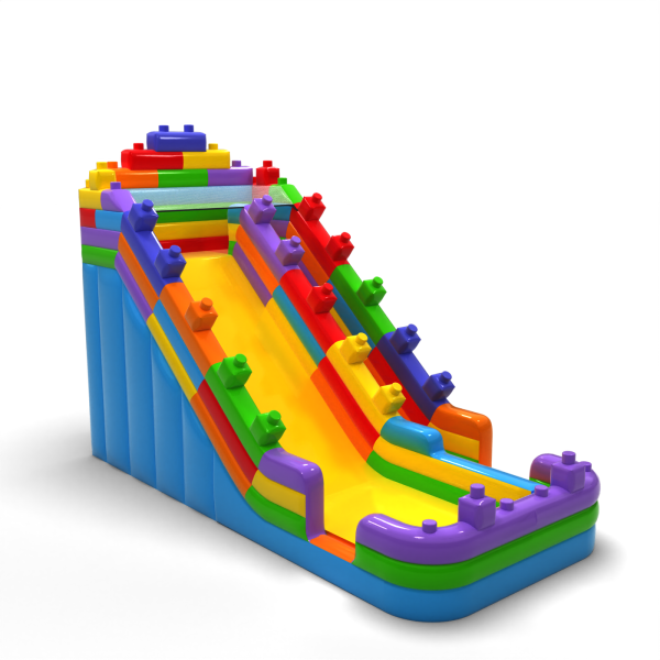 Enlarged inflatable slide in a colourful blocks motif