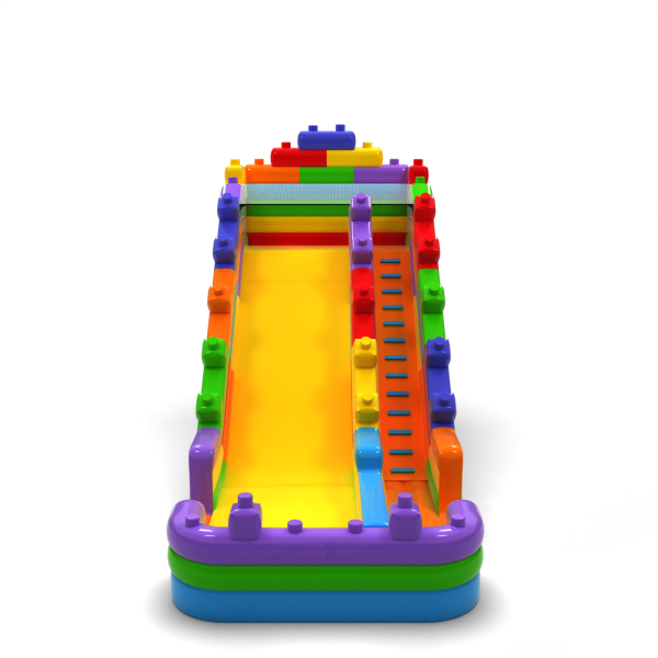 Enlarged inflatable slide in a colourful blocks motif