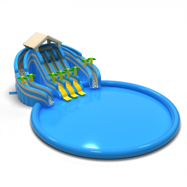 Above-ground inflatable water park in a Hawaiian theme