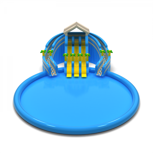 Above-ground inflatable water park in a Hawaiian theme