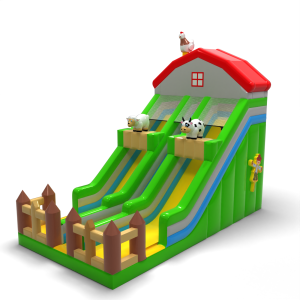 Enlarged inflatable slide in a farm theme
