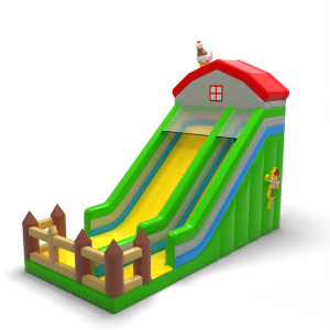 Enlarged inflatable slide in a farm theme