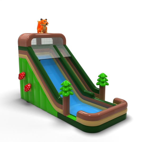 Enlarged inflatable slide in a forest theme