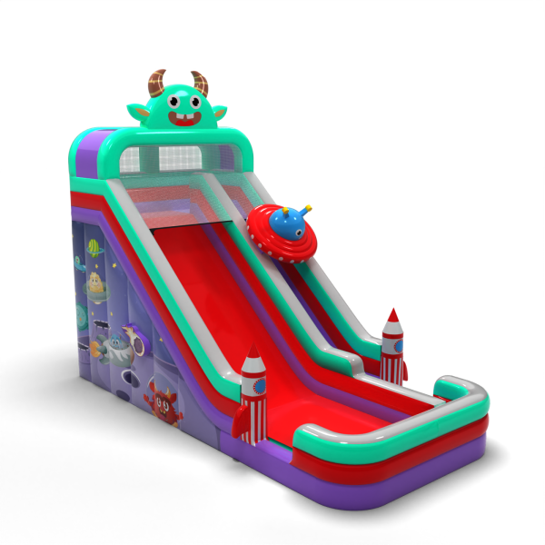 Enlarged inflatable slide in a space theme