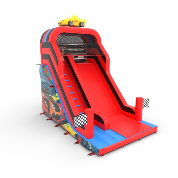 Inflatable slide with printed car theme