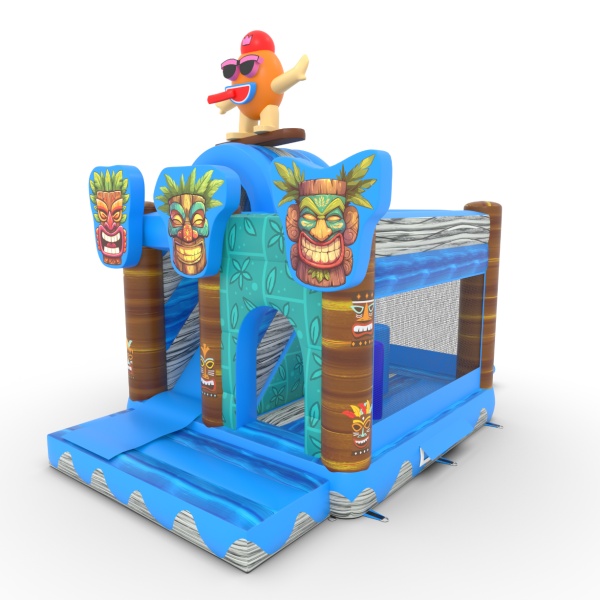 Inflatable with slide combo printed in Hawaiian Tiki theme